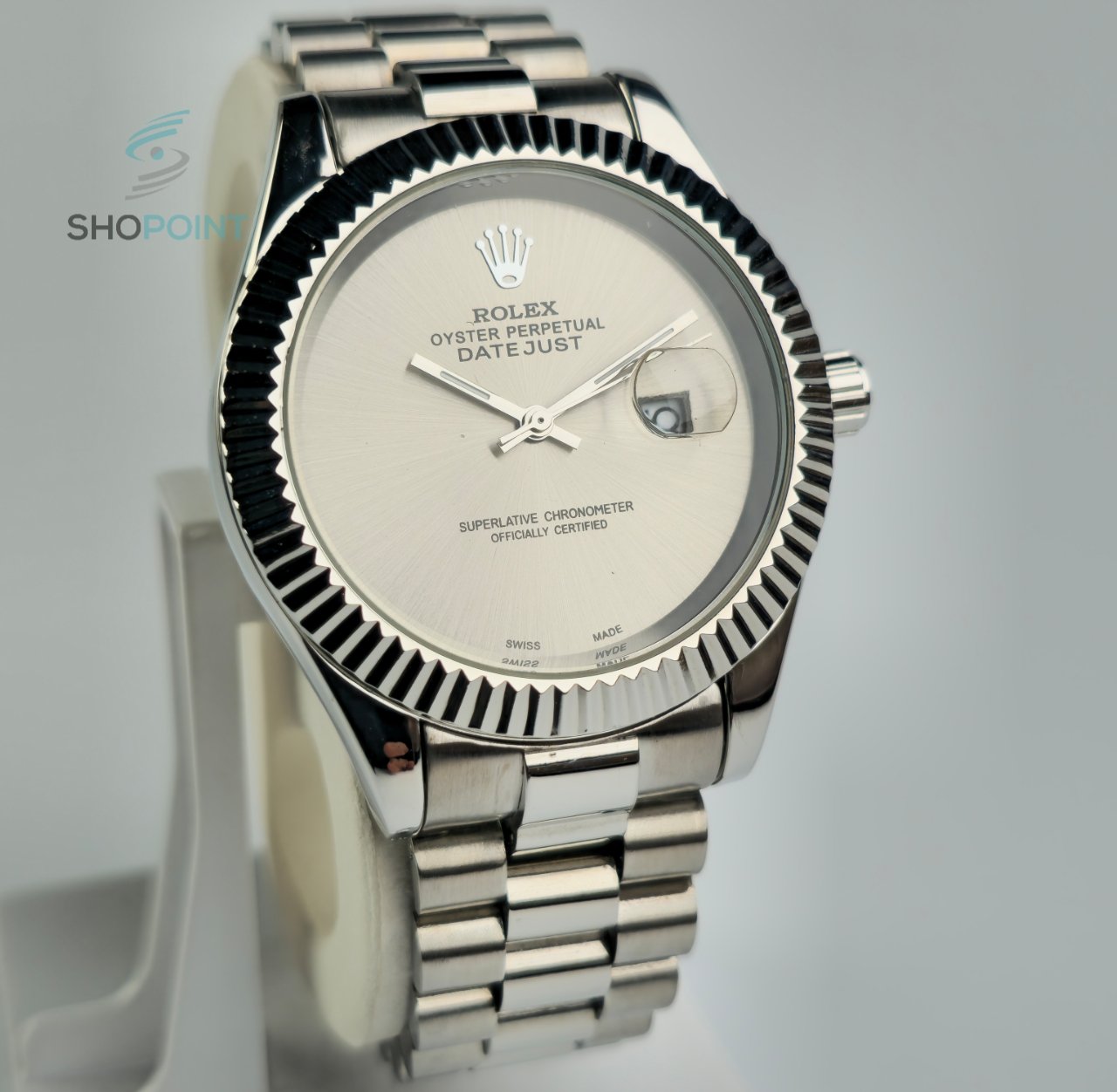 RLX DATE JUST OYESTER PERPETUAL SILVER WATCH.