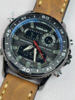 Premium Tubular Dual Time Analogue & Digital Watch – Waterproof Leather Strap Watch with Alarm & Stopwatch.