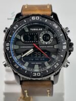 Premium Tubular Dual Time Analogue & Digital Watch – Waterproof Leather Strap Watch with Alarm & Stopwatch.
