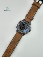 Premium Tubular Dual Time Analogue & Digital Watch – Waterproof Leather Strap Watch with Alarm & Stopwatch.