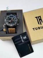 Premium Tubular Dual Time Analogue & Digital Watch – Waterproof Leather Strap Watch with Alarm & Stopwatch.