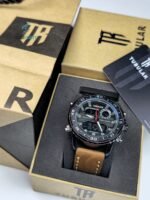 Premium Tubular Dual Time Analogue & Digital Watch – Waterproof Leather Strap Watch with Alarm & Stopwatch.
