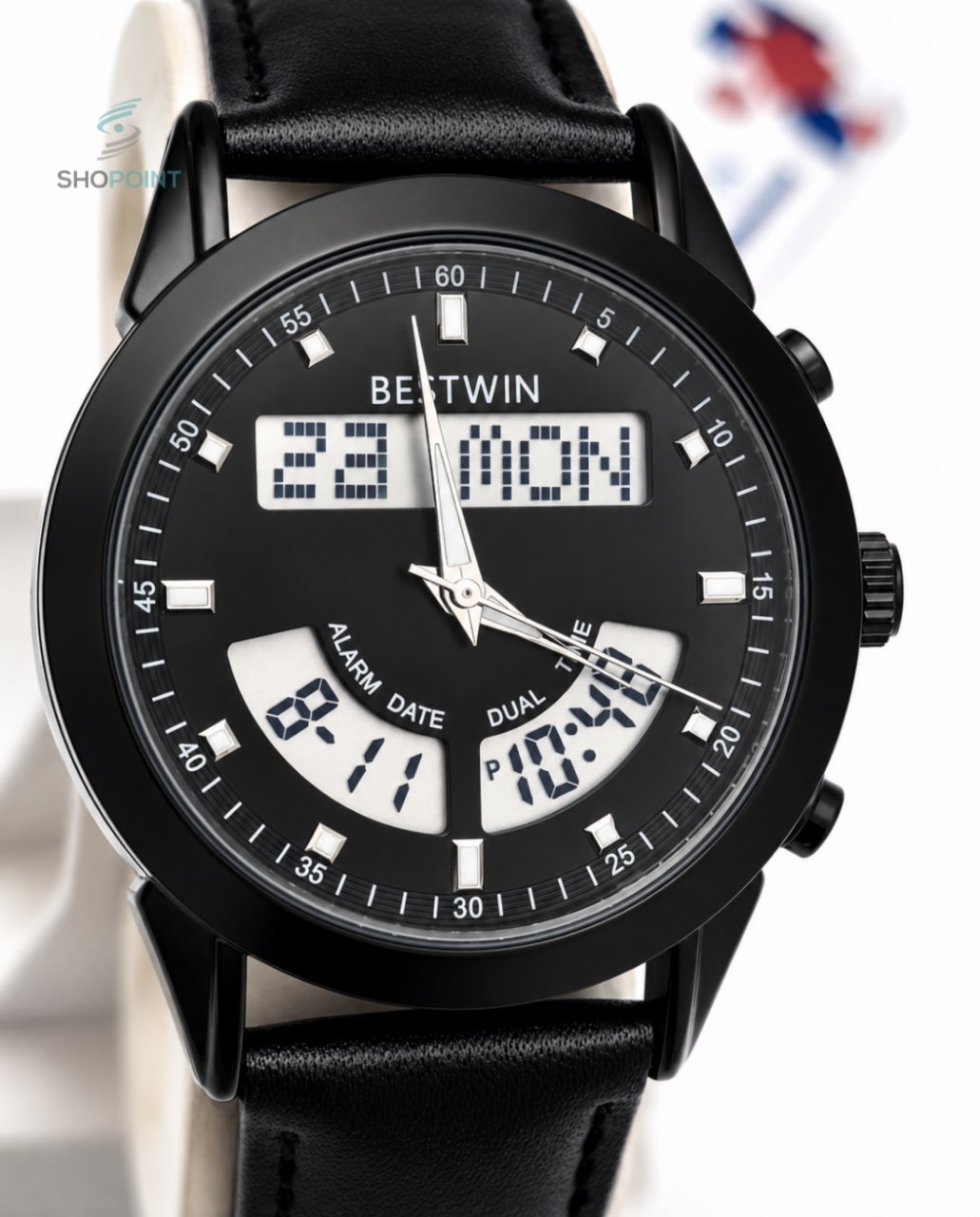 BW Dual Watch Black Dial Men's Leather Strap Analog Wrist Watch - Image 2