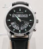 BW Dual Watch Silver Black Dial Men's Leather Strap Analog Wrist Watch