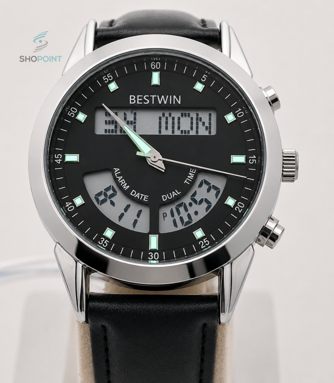 BW Dual Watch Silver Black Dial Men's Leather Strap Analog Wrist Watch - Image 4
