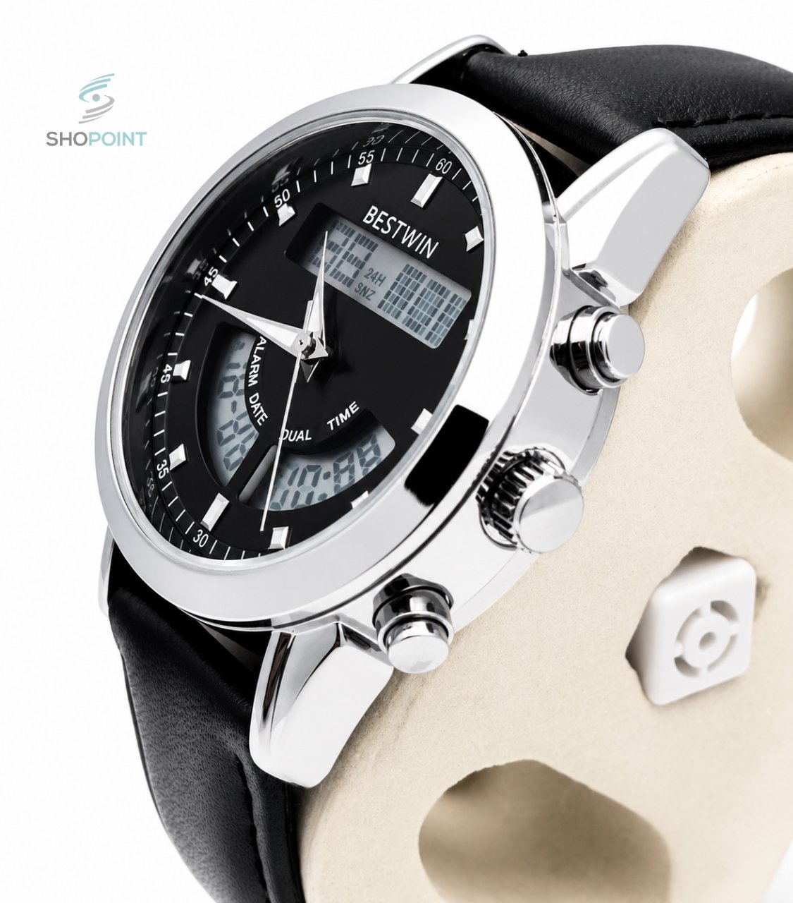 BW Dual Watch Silver Black Dial Men's Leather Strap Analog Wrist Watch - Image 3