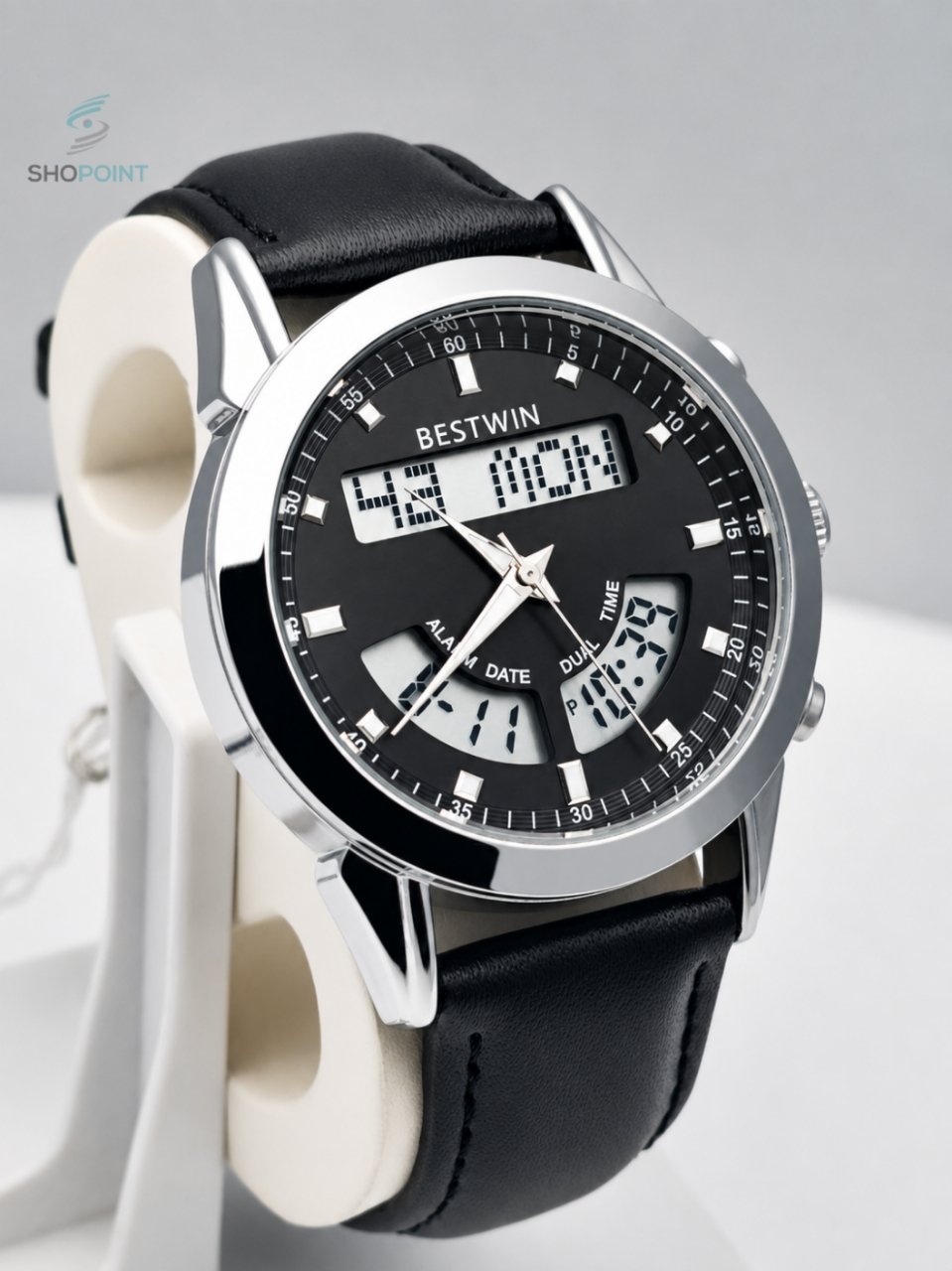 BW Dual Watch Silver Black Dial Men's Leather Strap Analog Wrist Watch
