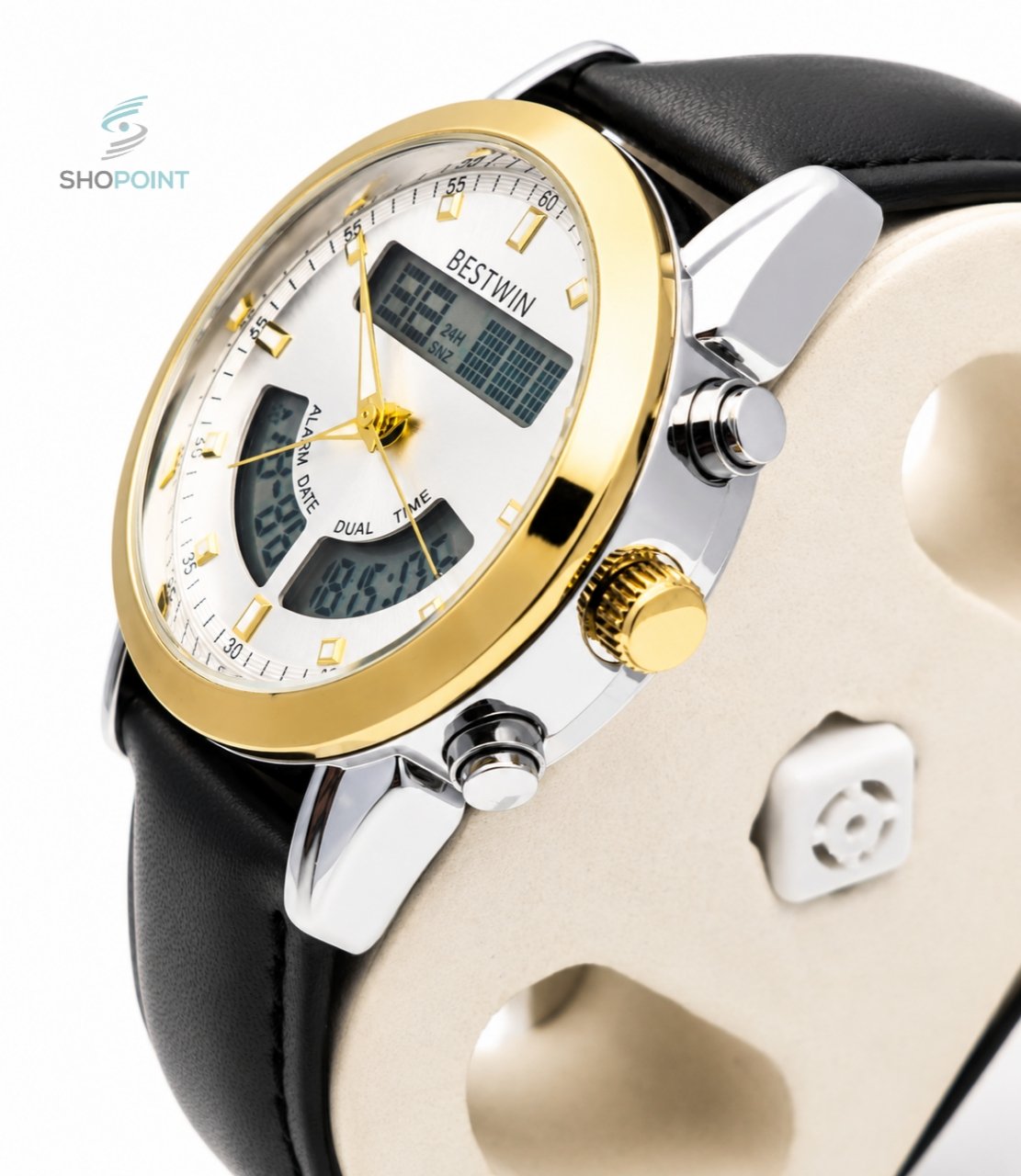 BW Dual Watch Gold White Dial Men's Leather Strap Analog Wrist Watch - Image 2
