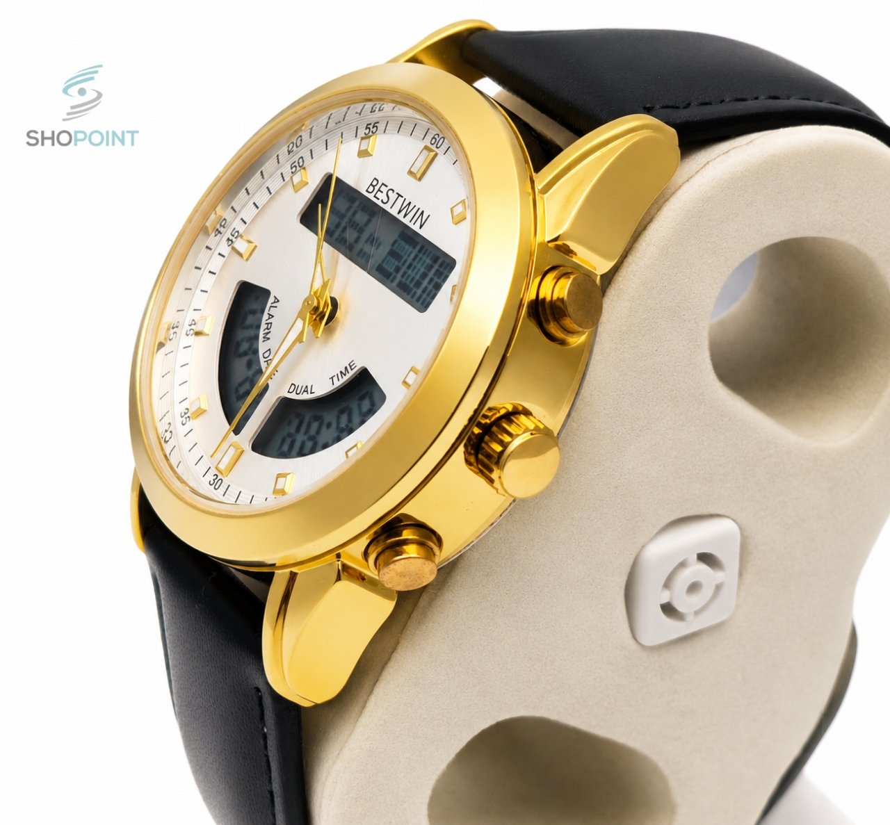 BW Dual Watch White Dial Gold Case Men's Leather Strap Analog Wrist Watch - Image 2