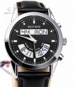 BW Dual Watch Silver Black Dial Men's Leather Strap Analog Wrist Watch