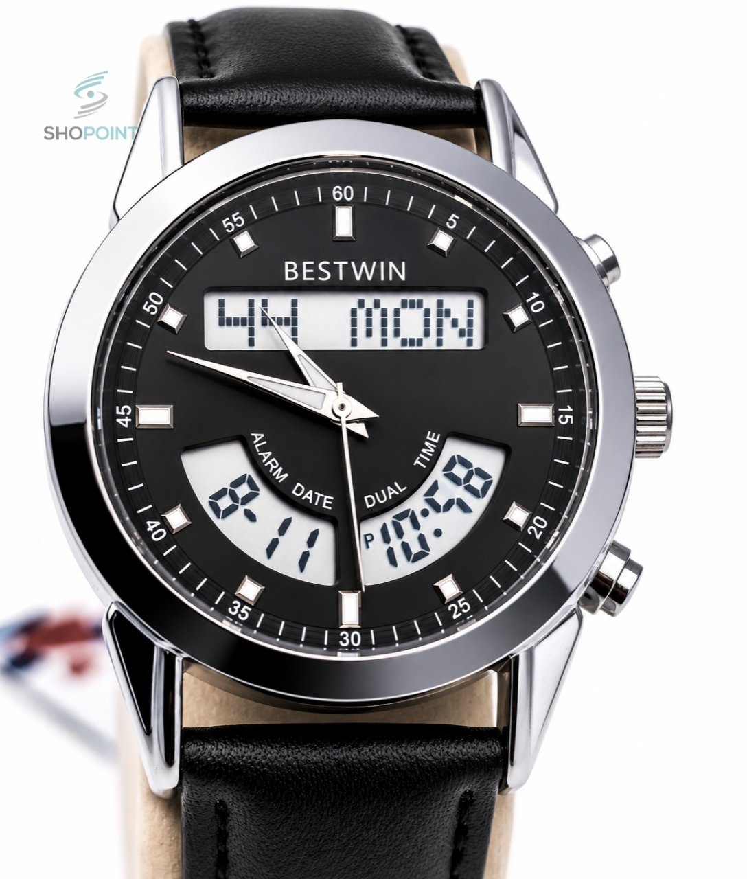BW Dual Watch Silver Black Dial Men's Leather Strap Analog Wrist Watch - Image 2