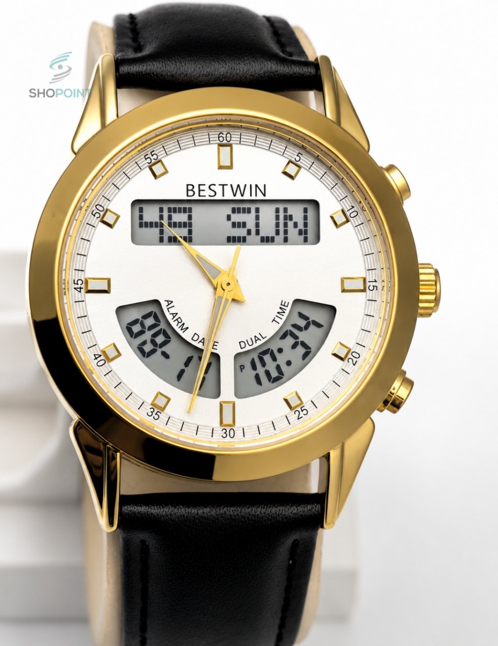 BW Dual Watch White Dial Gold Case Men's Leather Strap Analog Wrist Watch - Image 3