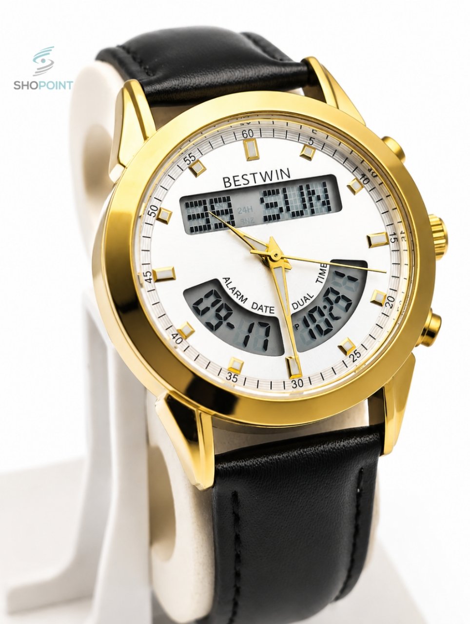 BW Dual Watch White Dial Gold Case Men's Leather Strap Analog Wrist Watch