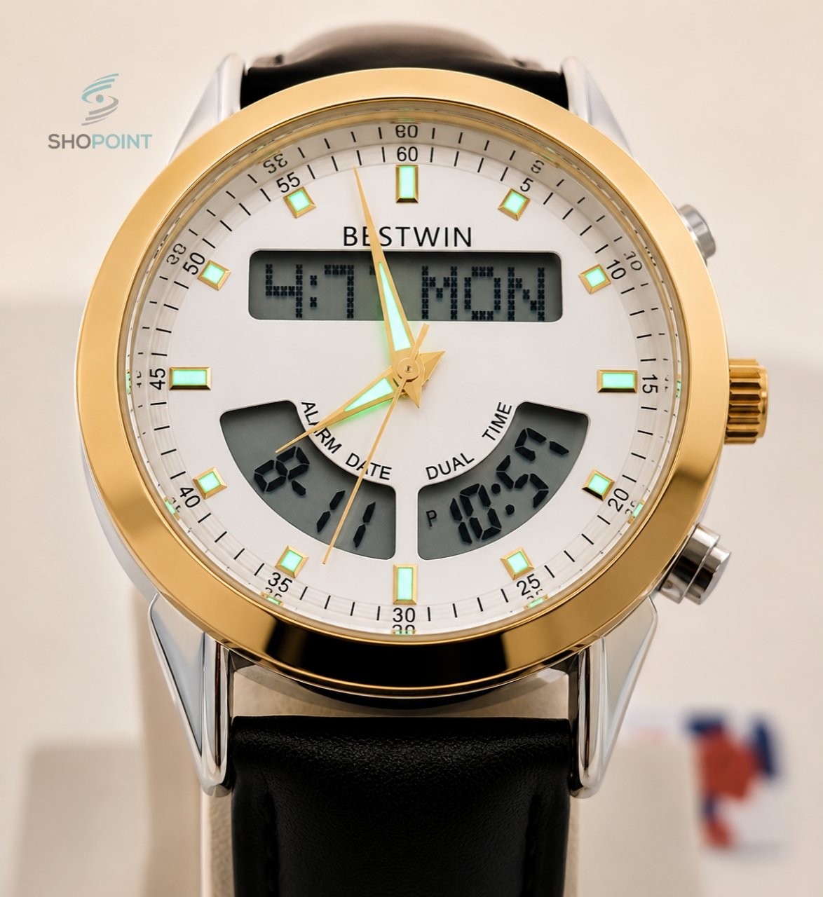 BW Dual Watch Gold White Dial Men's Leather Strap Analog Wrist Watch - Image 4