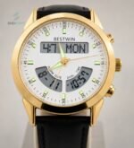 BW Dual Watch White Dial Gold Case Men's Leather Strap Analog Wrist Watch