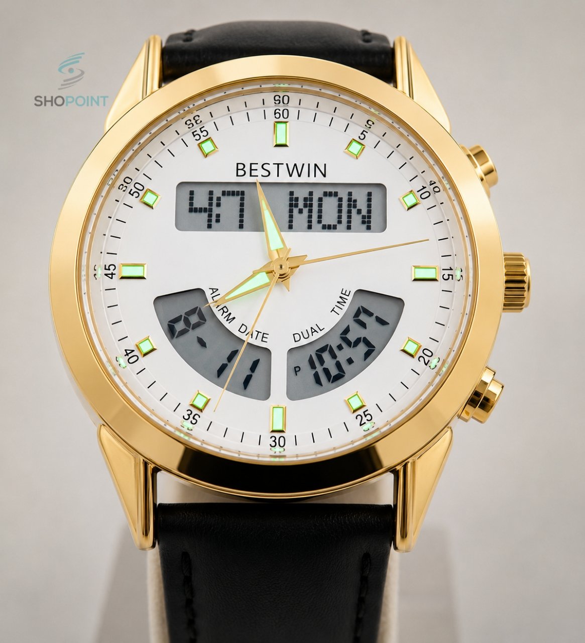 BW Dual Watch White Dial Gold Case Men's Leather Strap Analog Wrist Watch - Image 4