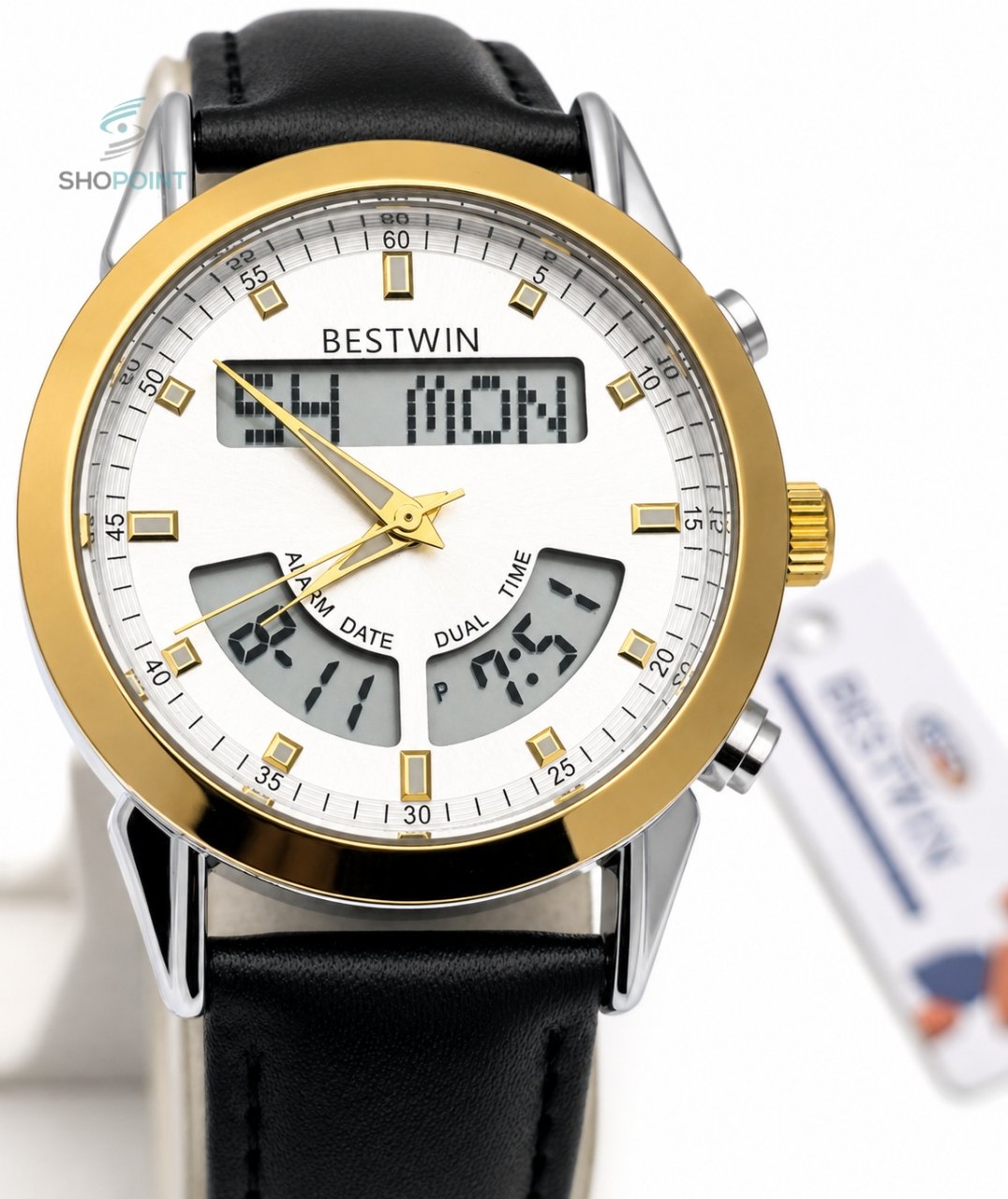 BW Dual Watch Gold White Dial Men's Leather Strap Analog Wrist Watch - Image 3