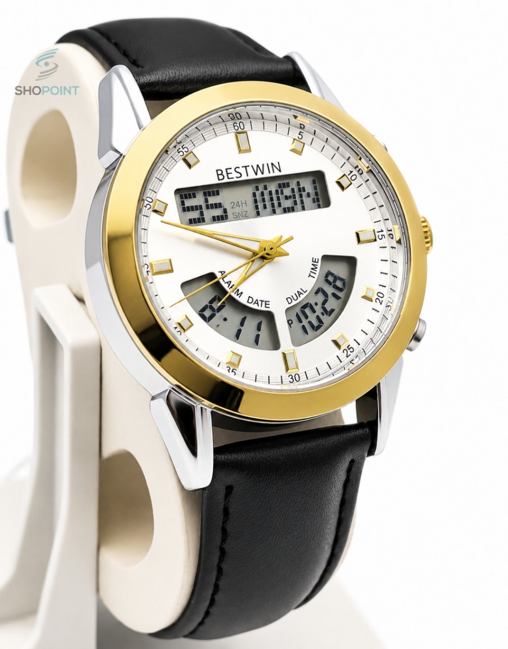 BW Dual Watch Gold White Dial Men's Leather Strap Analog Wrist Watch